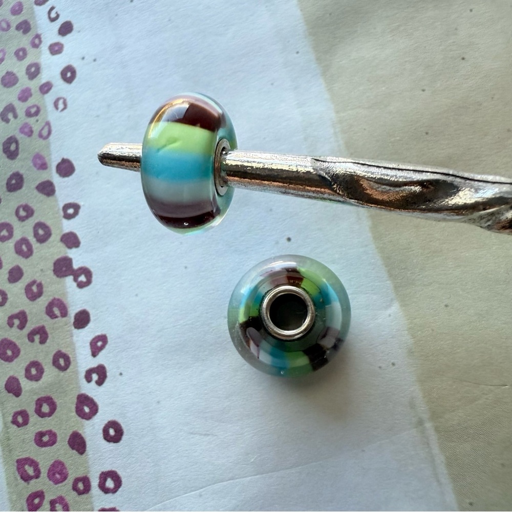 Early Trollbeads Sterling Silver Core Glass Bead Pair – pastel Stripes